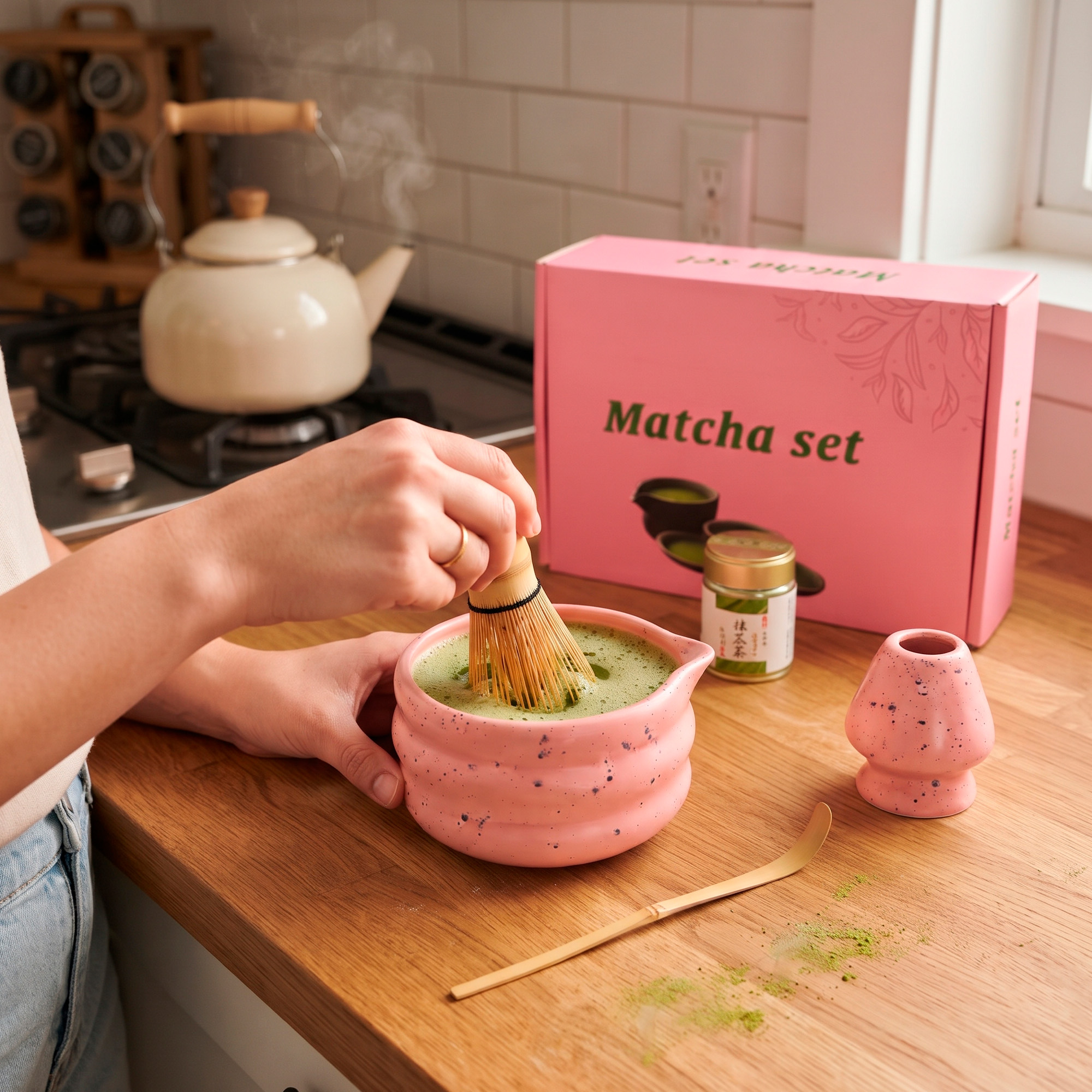 Set De Té Matcha Rosa Estilo Japonés Con Batidor Bambu Y Tazón Ceramico 10