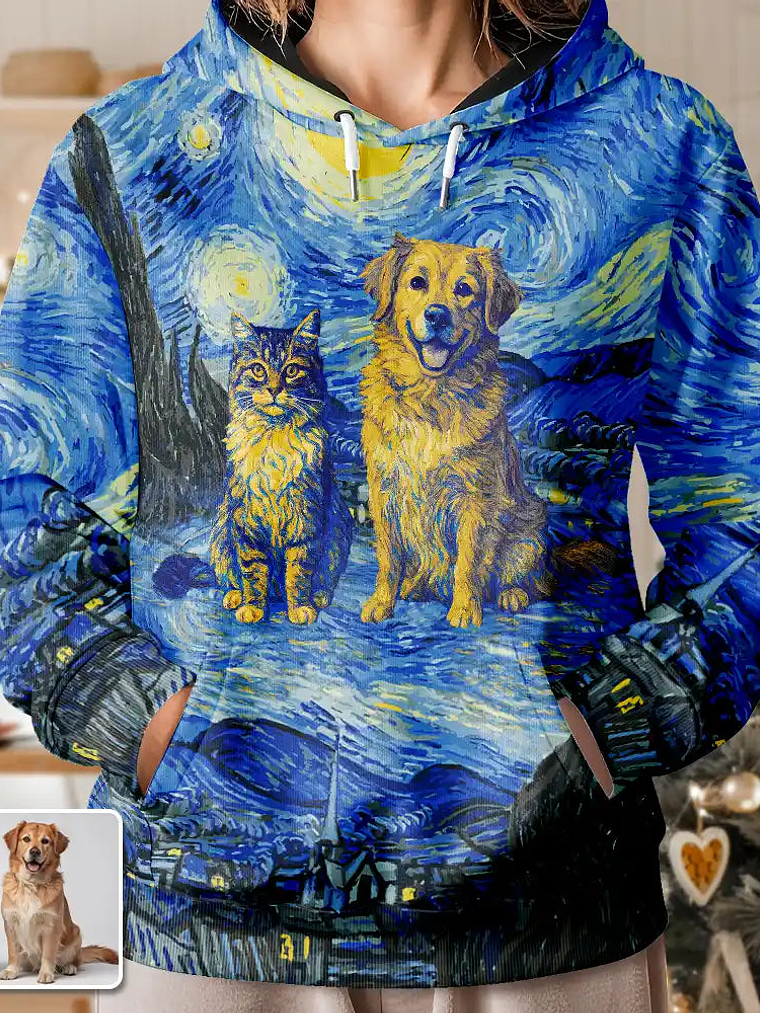 Custom Photo Family Pet Portrait Art Style Starry Night Painting Effect - Personalized Pullover Hoodie 1