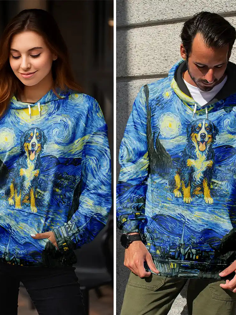 Custom Photo Family Pet Portrait Art Style Starry Night Painting Effect - Personalized Pullover Hoodie 5