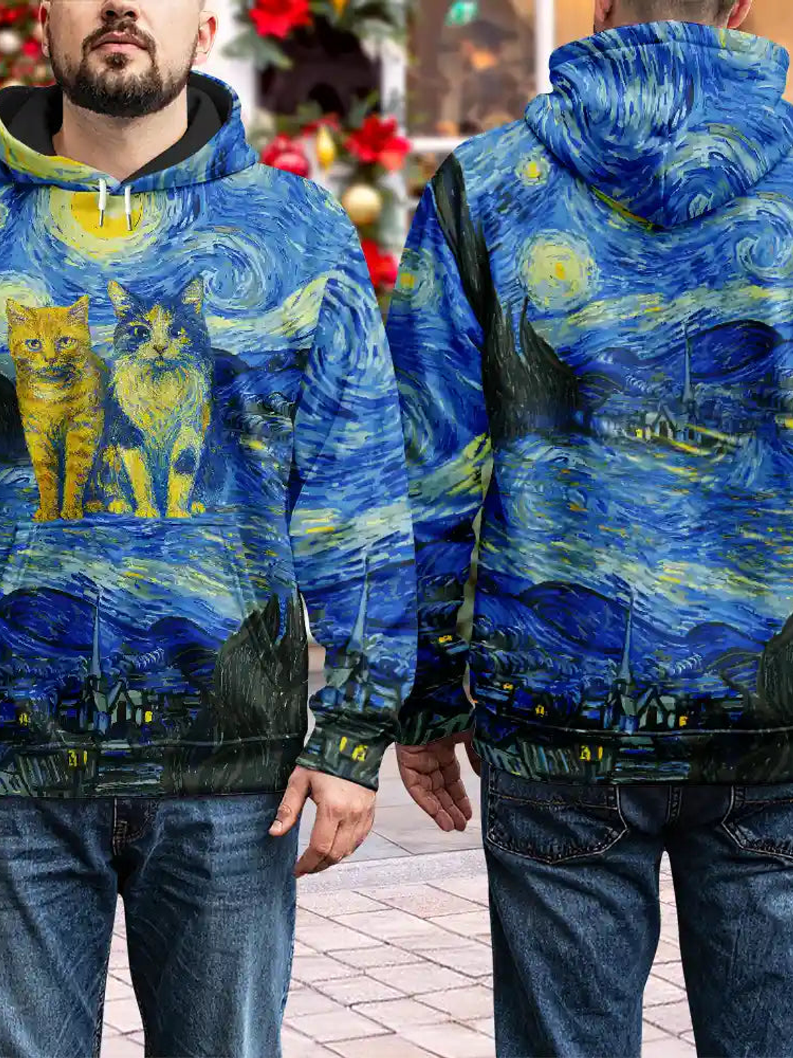 Custom Photo Family Pet Portrait Art Style Starry Night Painting Effect - Personalized Pullover Hoodie 6