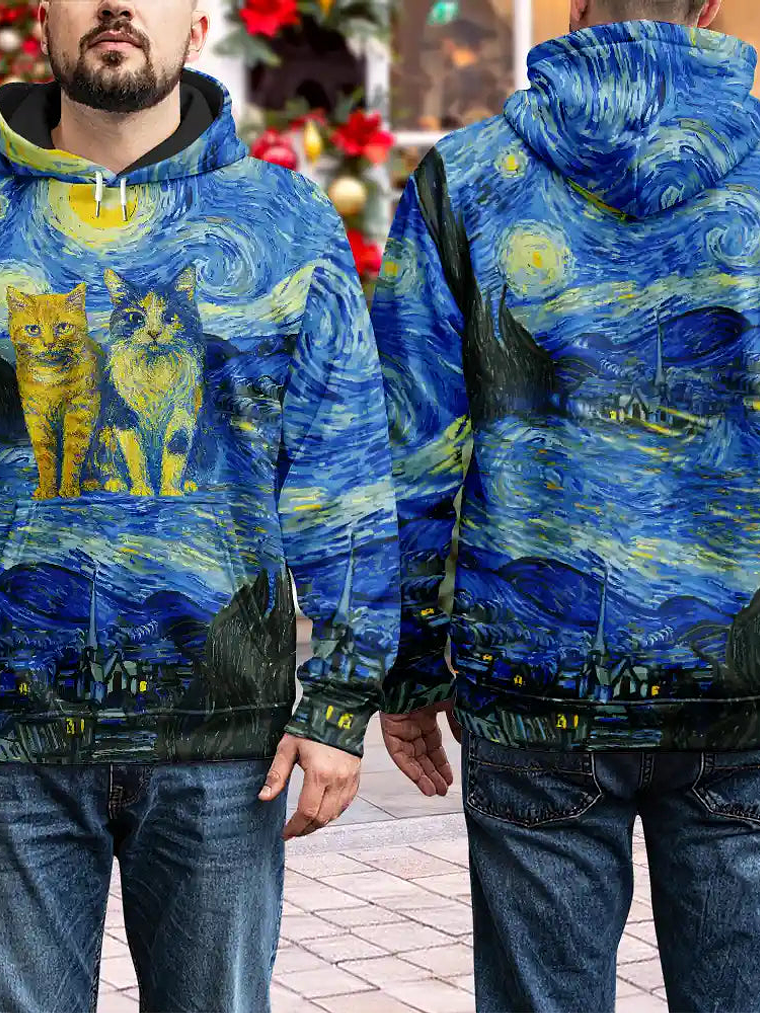 Custom Photo Family Pet Portrait Art Style Starry Night Painting Effect - Personalized Pullover Hoodie 6