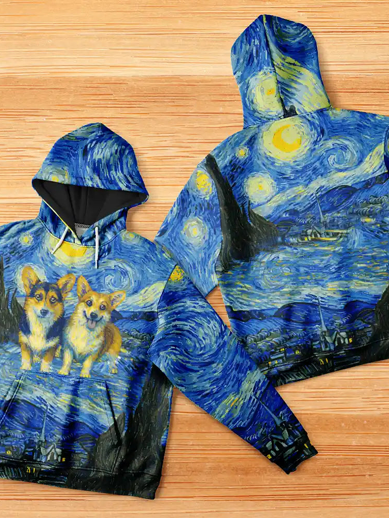 Custom Photo Family Pet Portrait Art Style Starry Night Painting Effect - Personalized Pullover Hoodie 7
