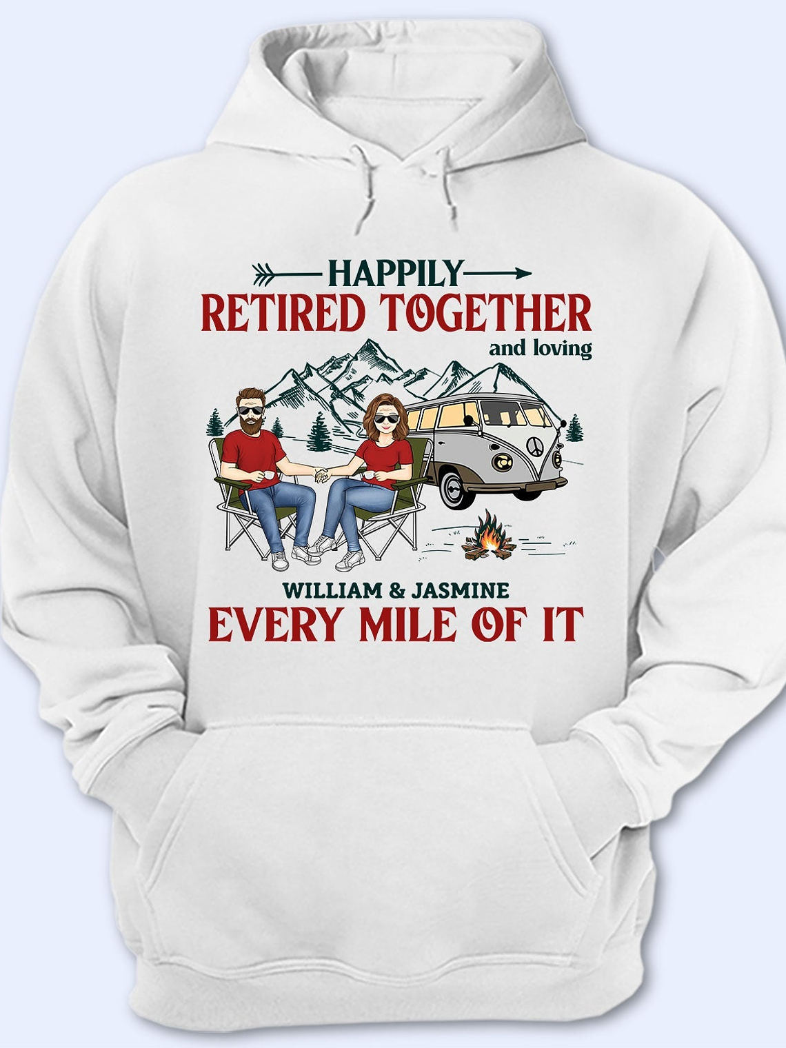 Happily Retired Together Camping Husband Wife - Couple Gift - Personalized Custom T Shirt 1