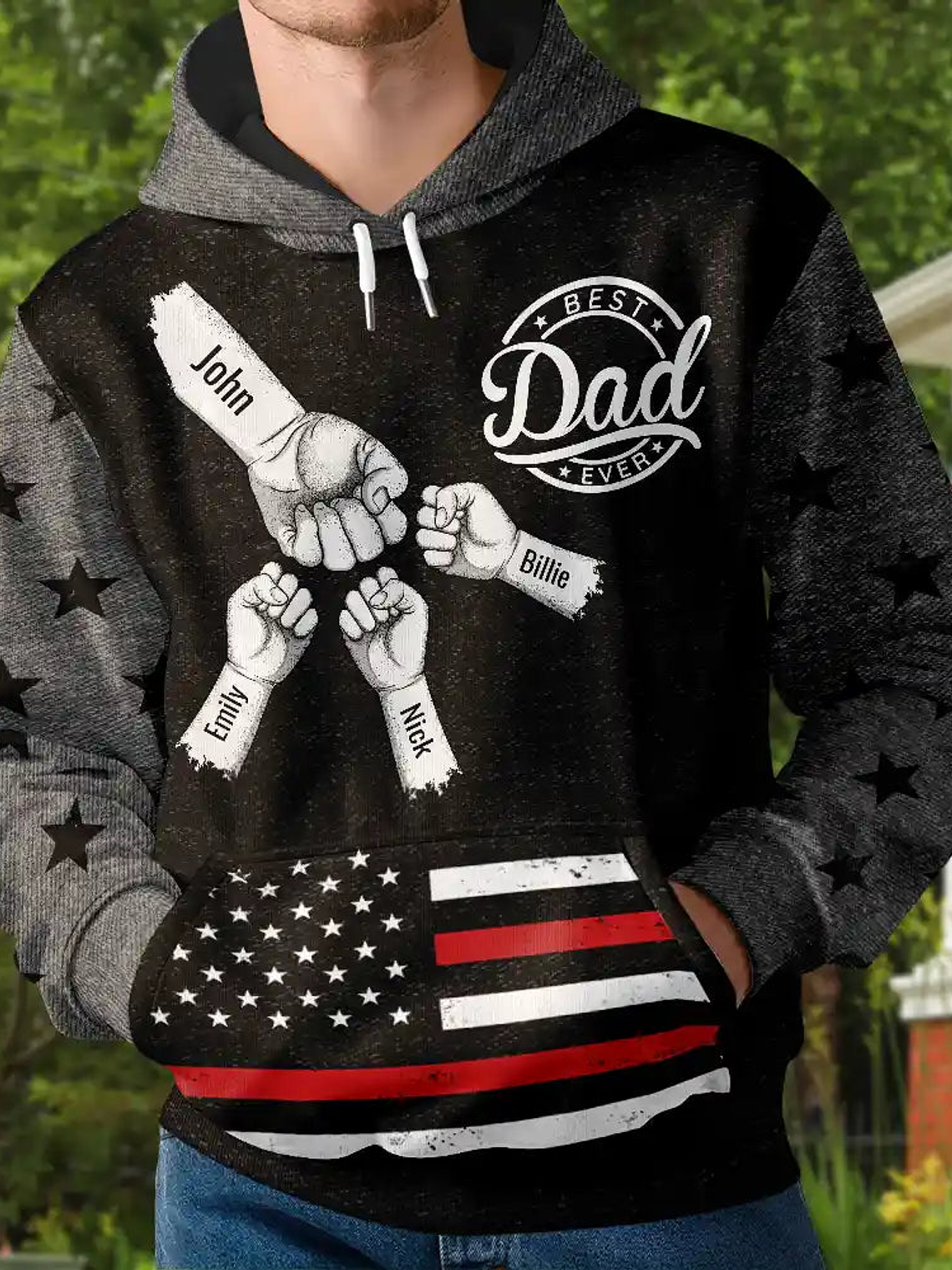 Stars And Stripes Dad Kid Hand Grunge - Personalized Pullover Hoodie 1
