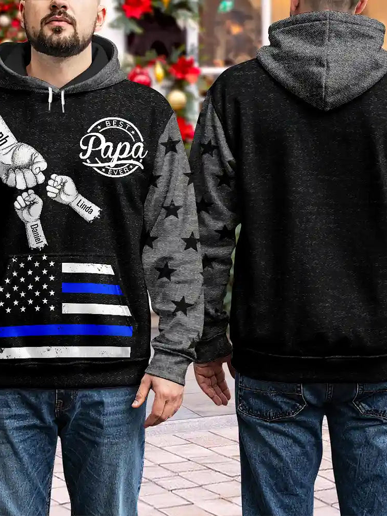 Stars And Stripes Dad Kid Hand Grunge - Personalized Pullover Hoodie 4