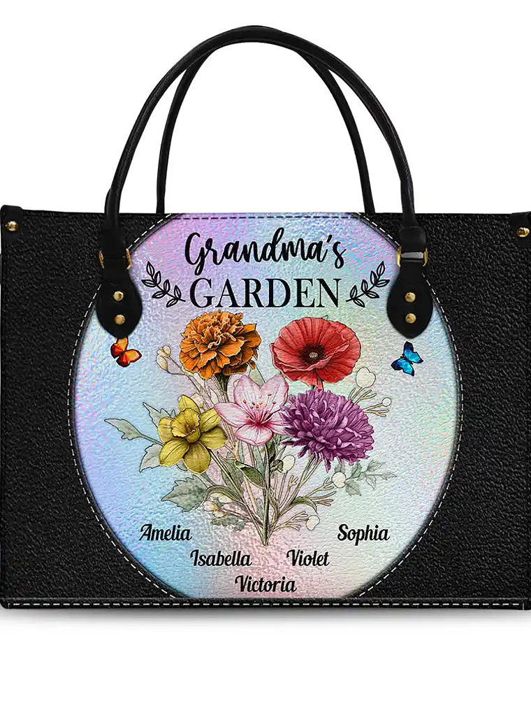 Holography Grandma's Garden Birth Flower - Personalized Leather Bag 1