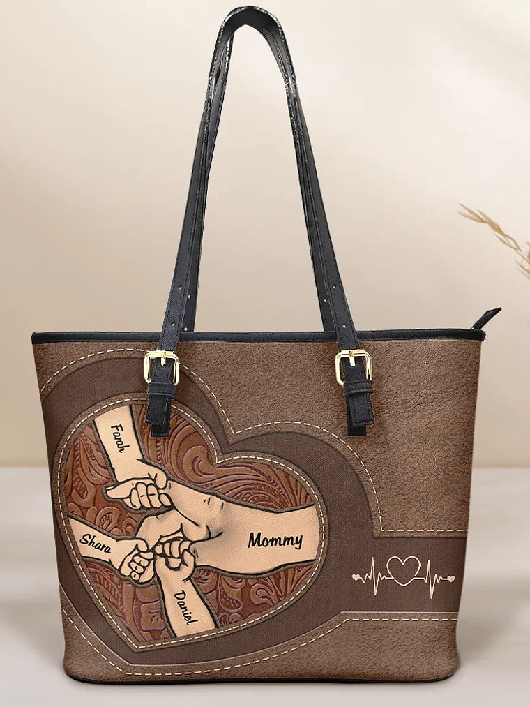 Leather Holding Hands Icon Mom Grandma & Kids - Personalized Leather Tote Bag 1