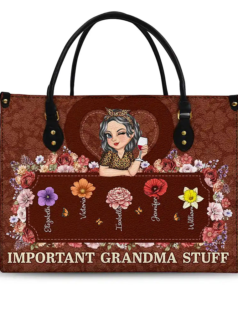 Important Nana Mom Stuff - Personalized Leather Bag 1