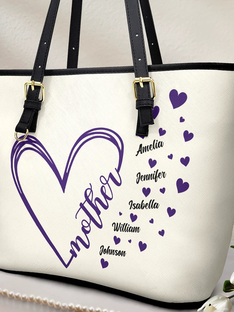 Grandma Little Hearts - Personalized Leather Tote Bag 2