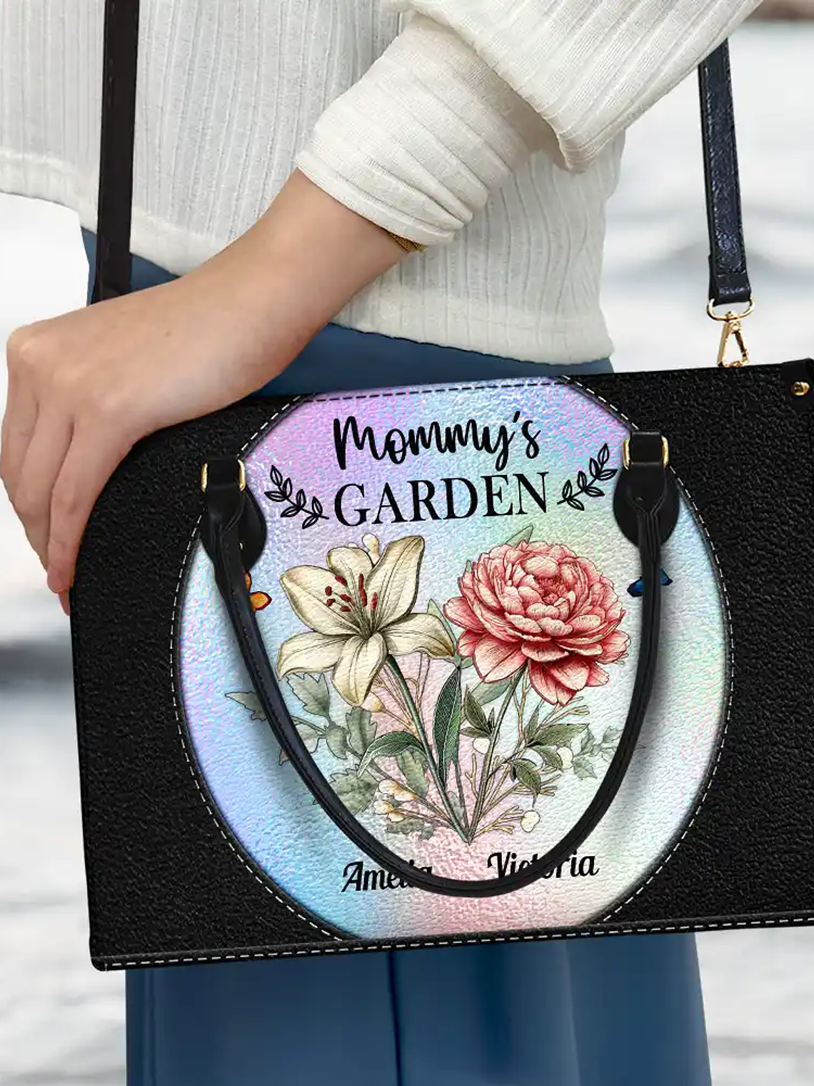 Holography Grandma's Garden Birth Flower - Personalized Leather Bag 3