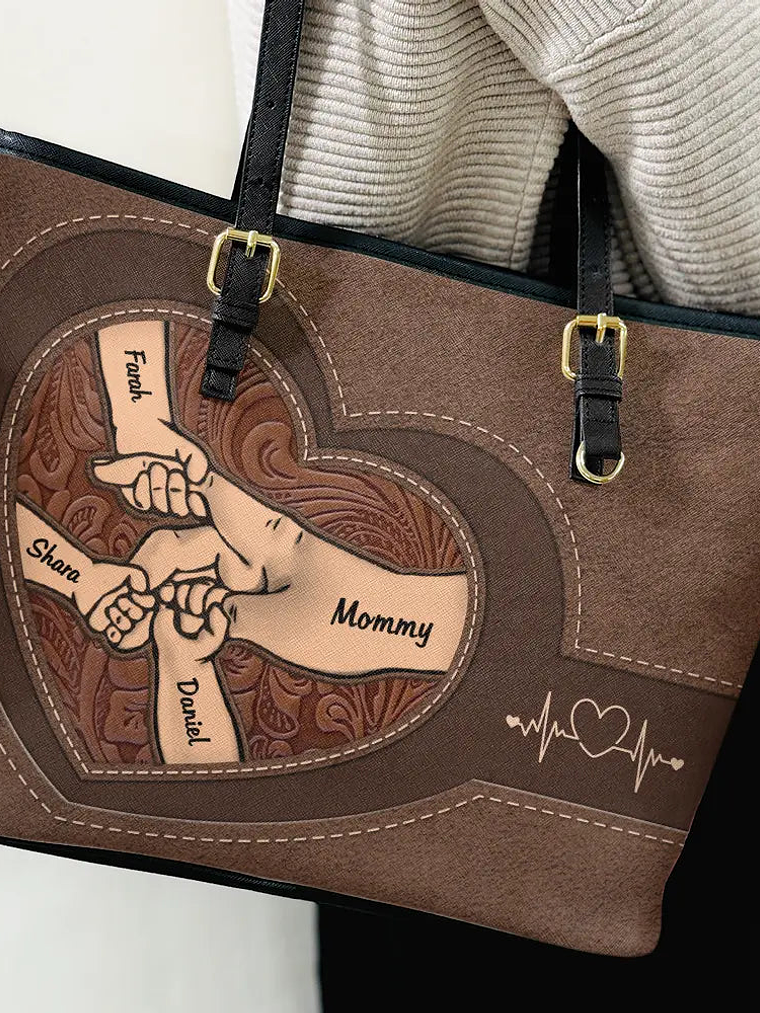 Leather Holding Hands Icon Mom Grandma & Kids - Personalized Leather Tote Bag 3