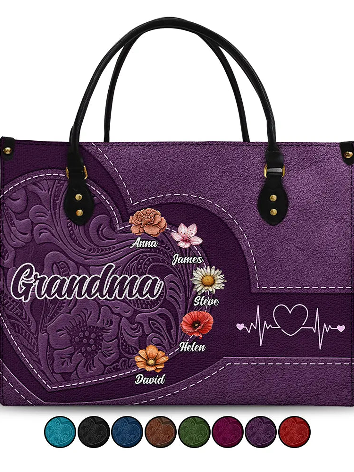 Grandma Mom Kids Birth Flowers Blooming In Love - Personalized Leather Bag 1