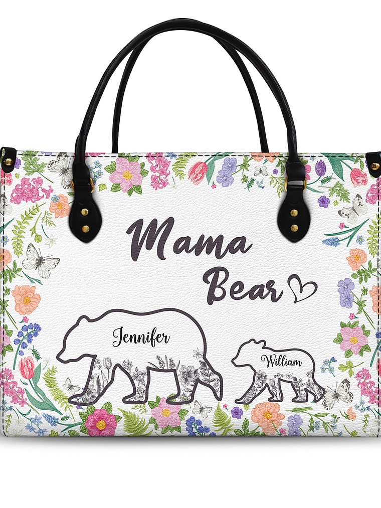 Floral Mama Bear - Gift For Mother - Personalized Leather Bag 1