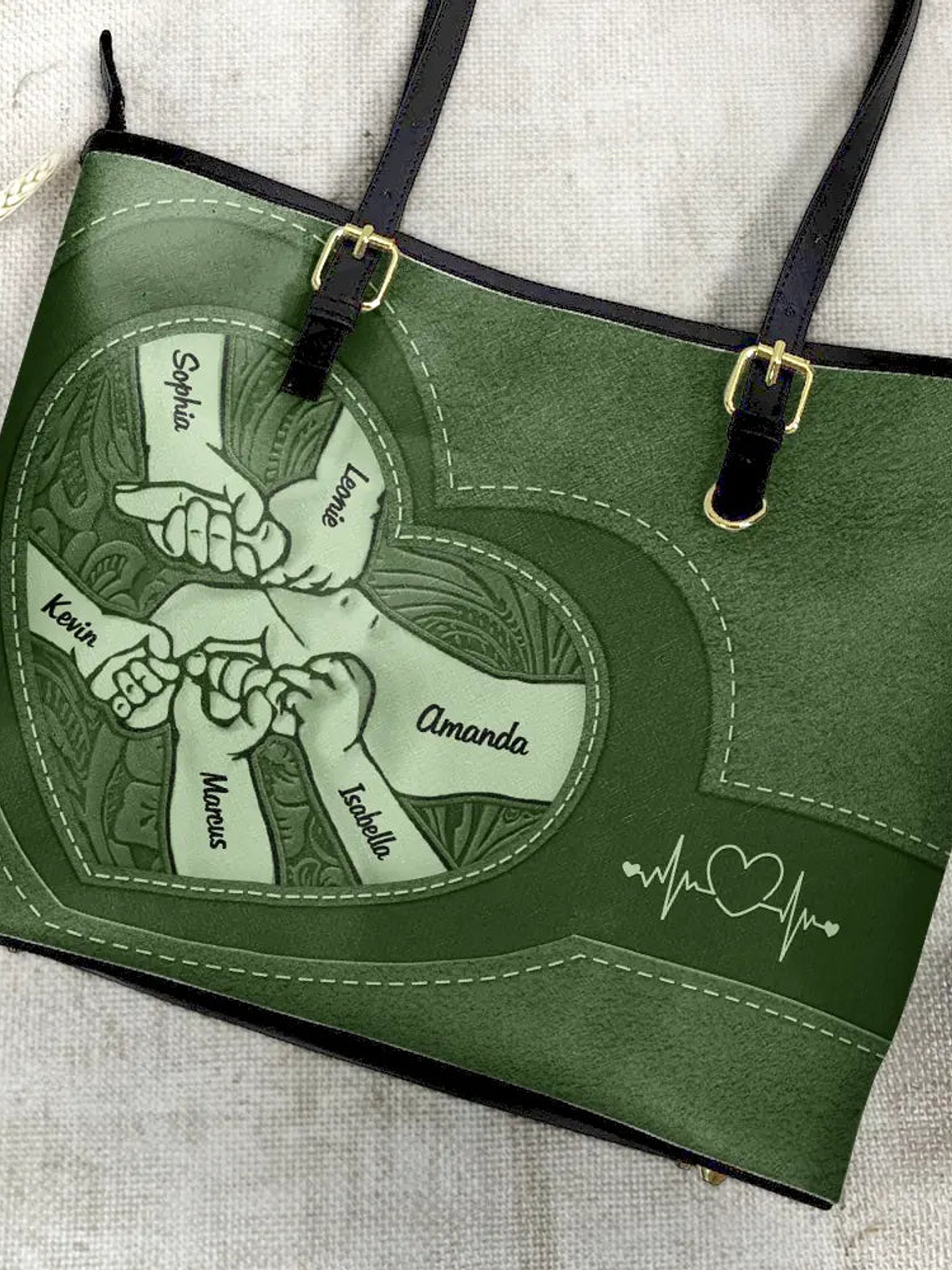 Leather Holding Hands Icon Mom Grandma & Kids - Personalized Leather Tote Bag 4