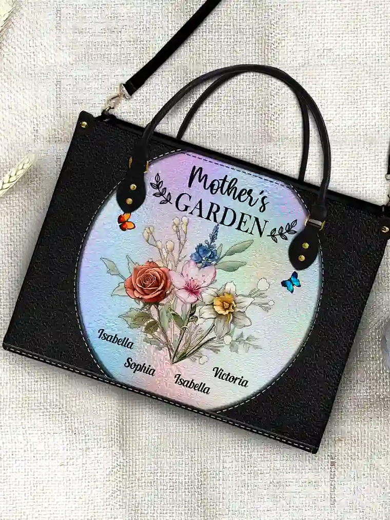 Holography Grandma's Garden Birth Flower - Personalized Leather Bag 4