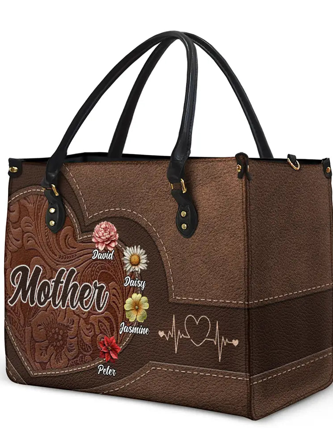 Grandma Mom Kids Birth Flowers Blooming In Love - Personalized Leather Bag 2