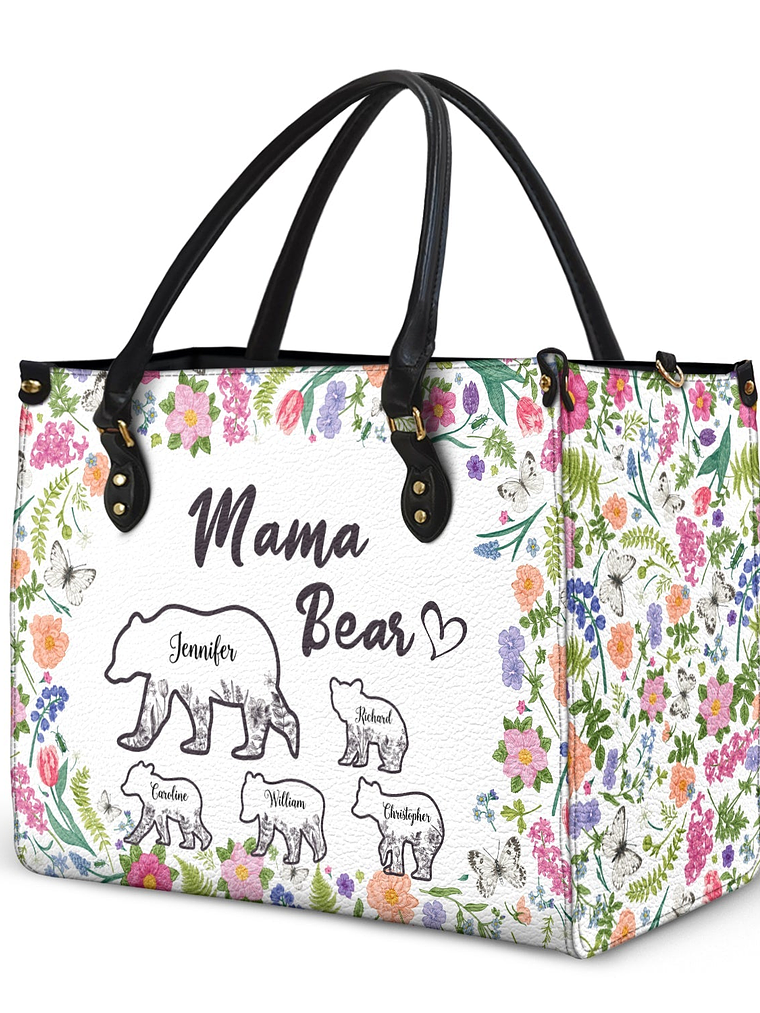 Floral Mama Bear - Gift For Mother - Personalized Leather Bag 2