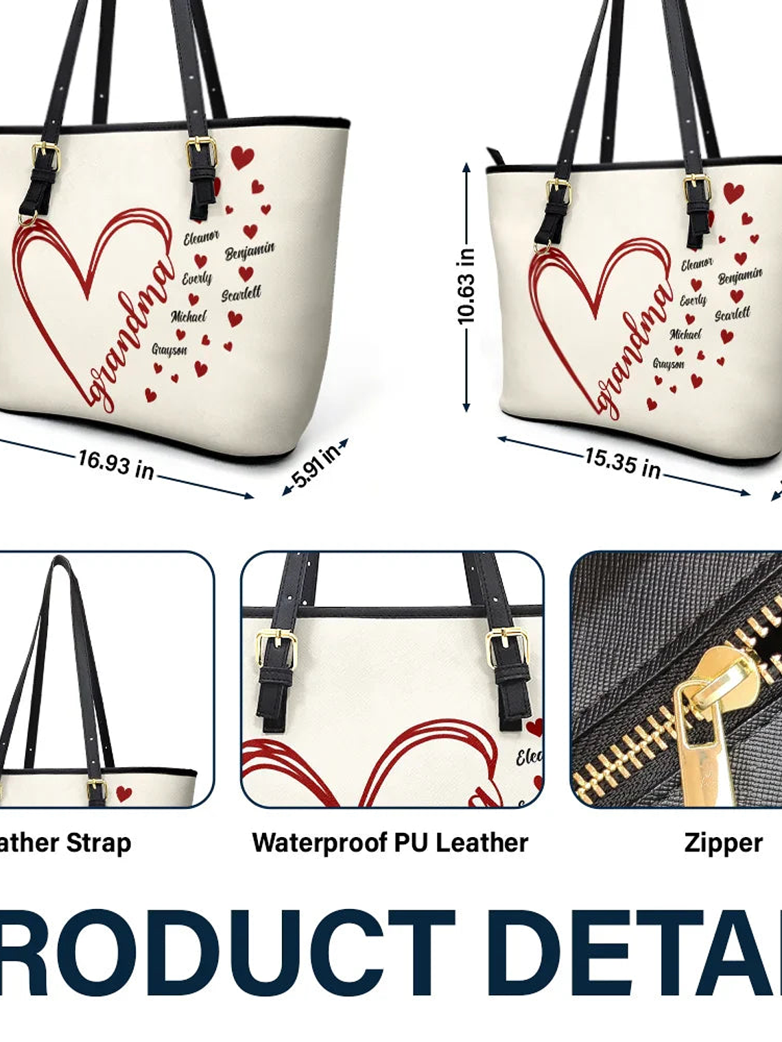 Grandma Little Hearts - Personalized Leather Tote Bag 6