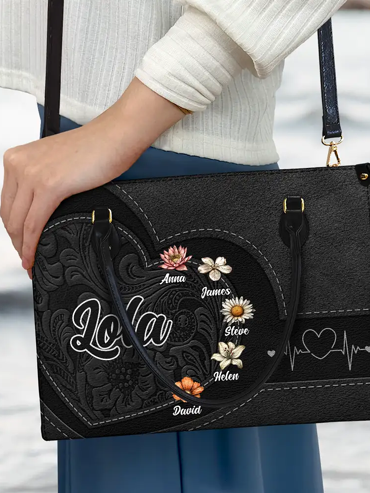 Grandma Mom Kids Birth Flowers Blooming In Love - Personalized Leather Bag 3