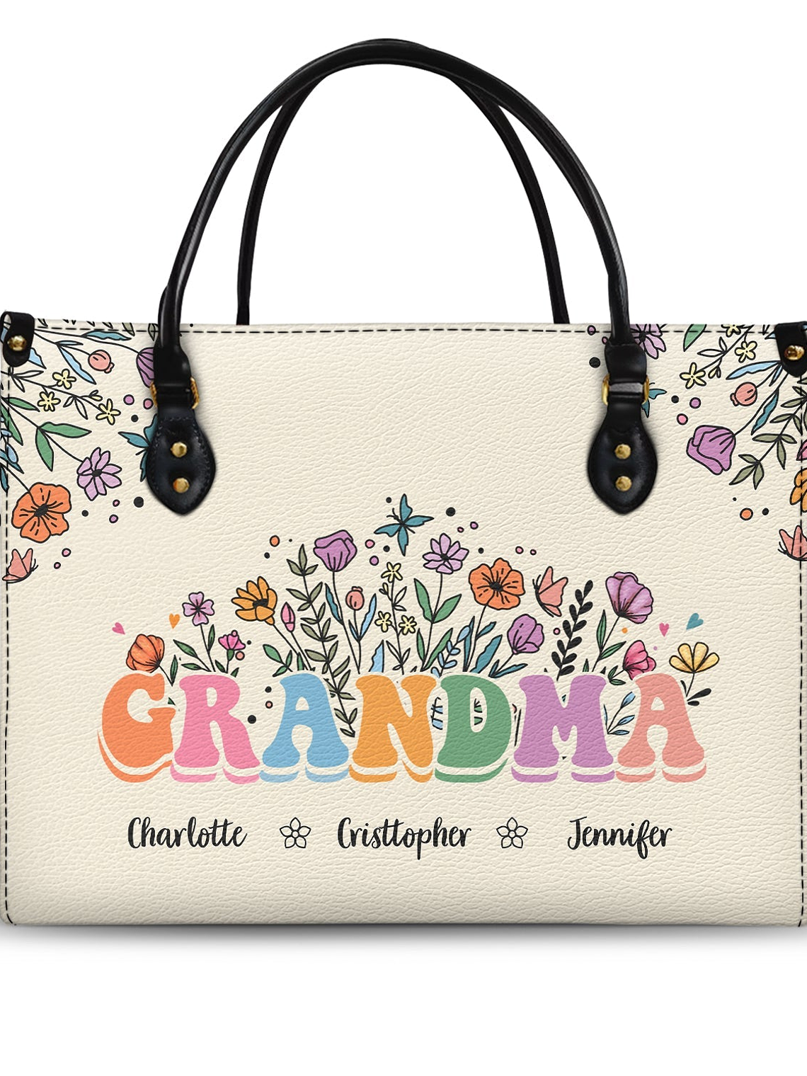 Mom Grandma Floral - Gift For Mother, Grandmother - Personalized Leather Bag 1