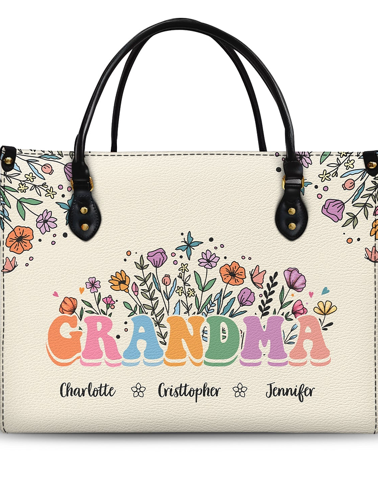 Mom Grandma Floral - Gift For Mother, Grandmother - Personalized Leather Bag 1