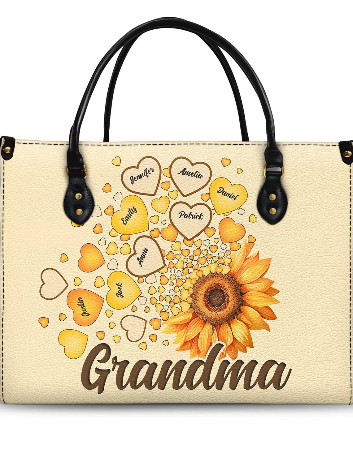 Grandma Mom Kids Sunflower - Gift For Mother, Grandmother - Personalized Leather Bag 1