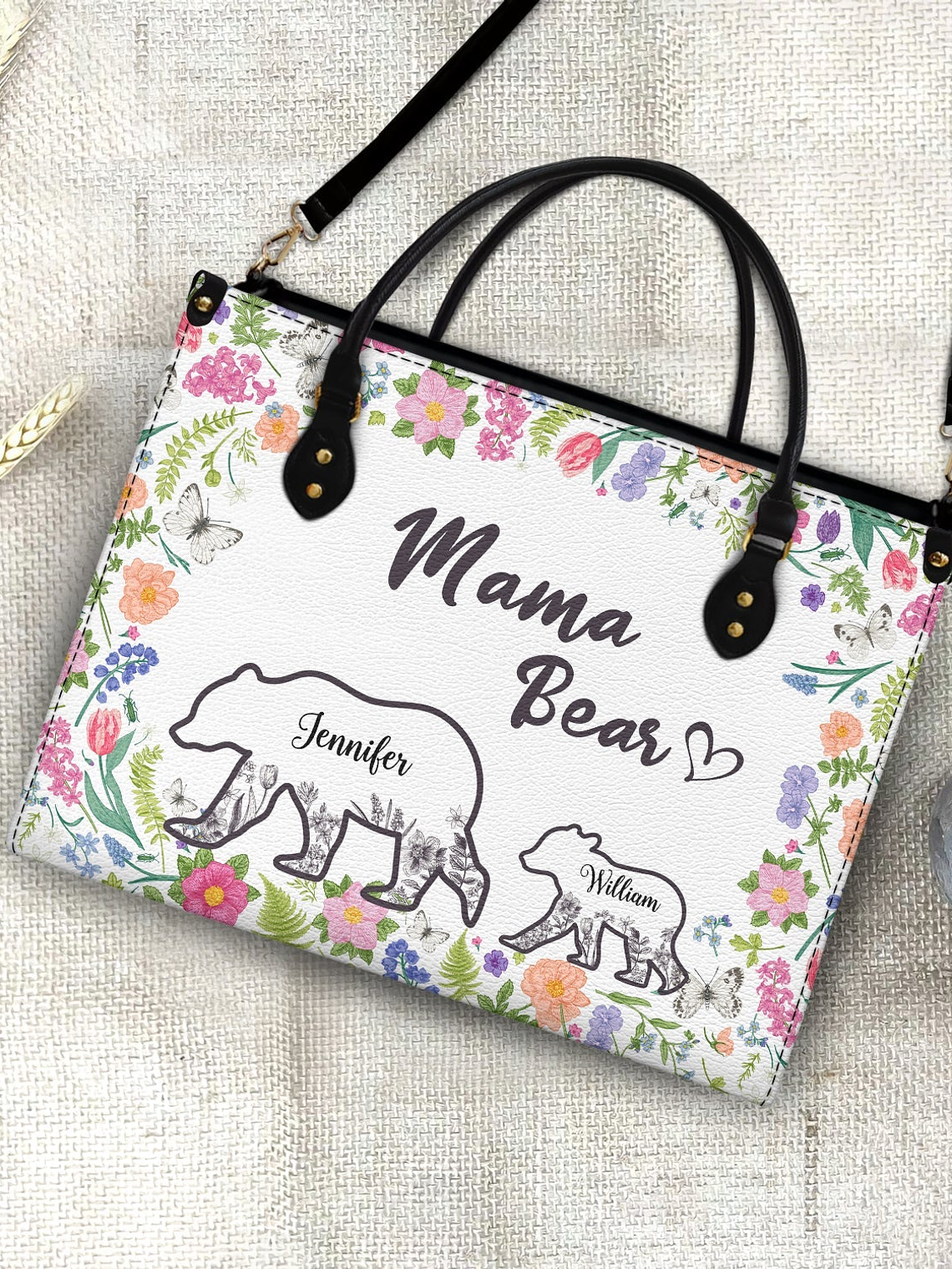 Floral Mama Bear - Gift For Mother - Personalized Leather Bag 4