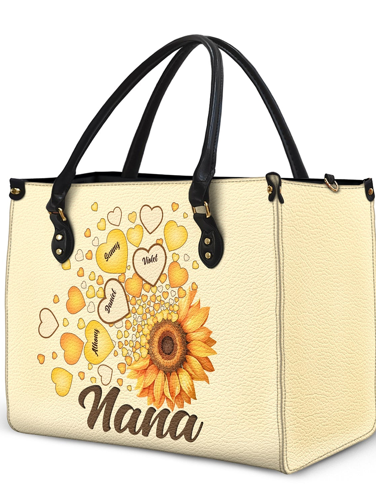 Grandma Mom Kids Sunflower - Gift For Mother, Grandmother - Personalized Leather Bag 2