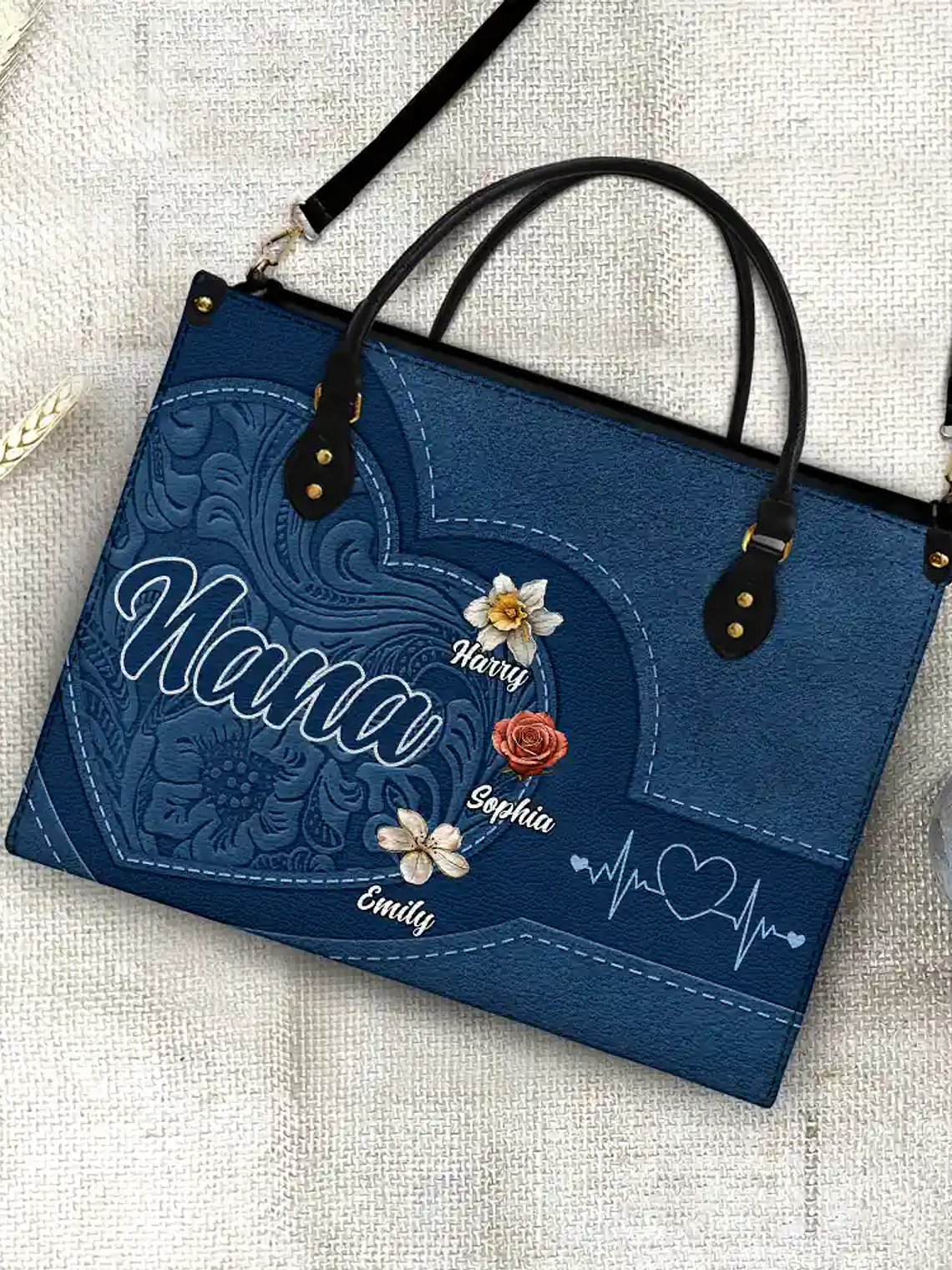 Grandma Mom Kids Birth Flowers Blooming In Love - Personalized Leather Bag 4