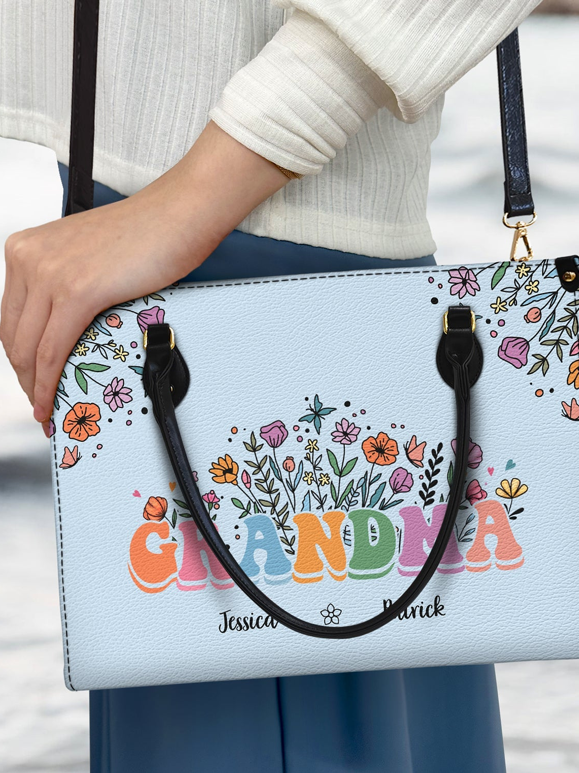 Mom Grandma Floral - Gift For Mother, Grandmother - Personalized Leather Bag 3