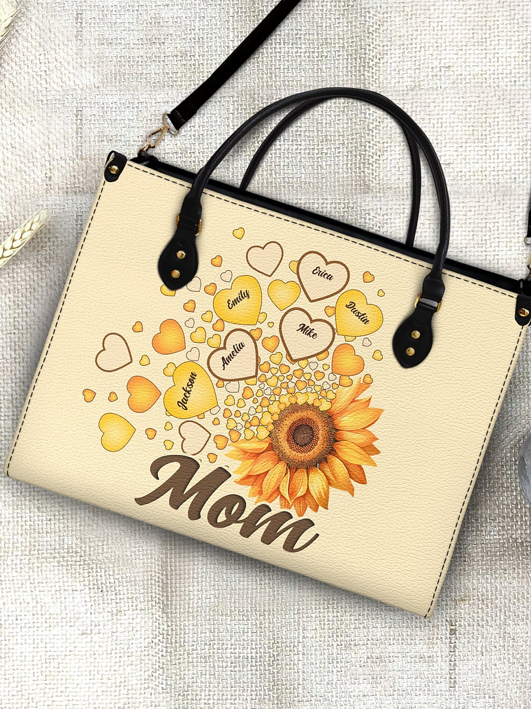 Grandma Mom Kids Sunflower - Gift For Mother, Grandmother - Personalized Leather Bag 4