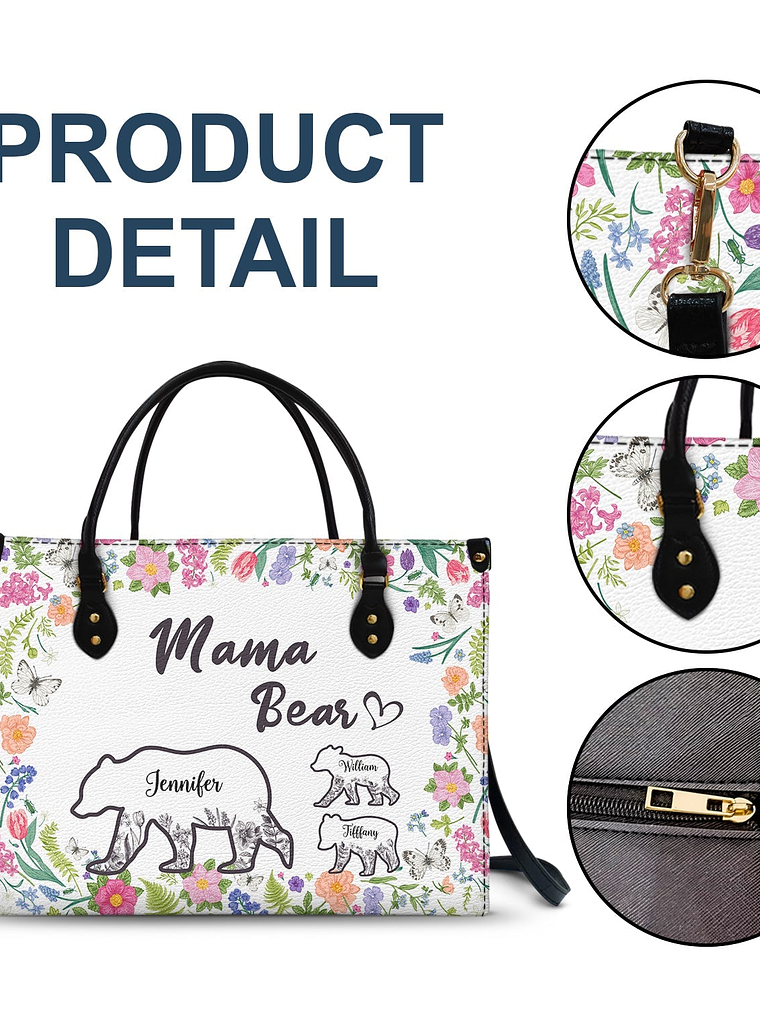 Floral Mama Bear - Gift For Mother - Personalized Leather Bag 7