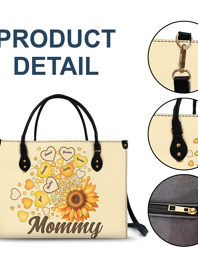 Grandma Mom Kids Sunflower - Gift For Mother, Grandmother - Personalized Leather Bag 7