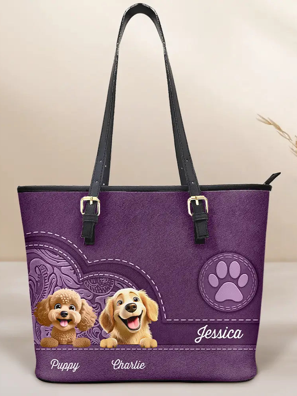 Dog Mom Cute 3D Effect Dog - Personalized Leather Tote Bag 1
