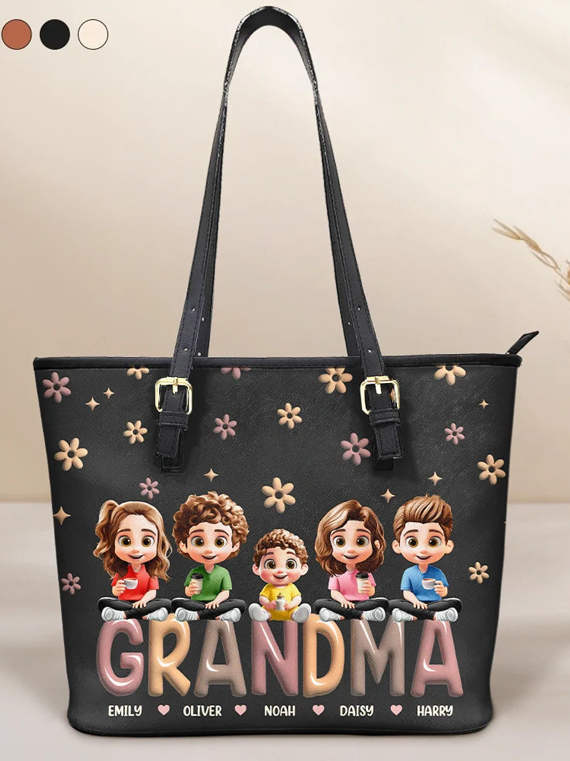 Grandma Grandkid Cartoon - Personalized Leather Tote Bag 1