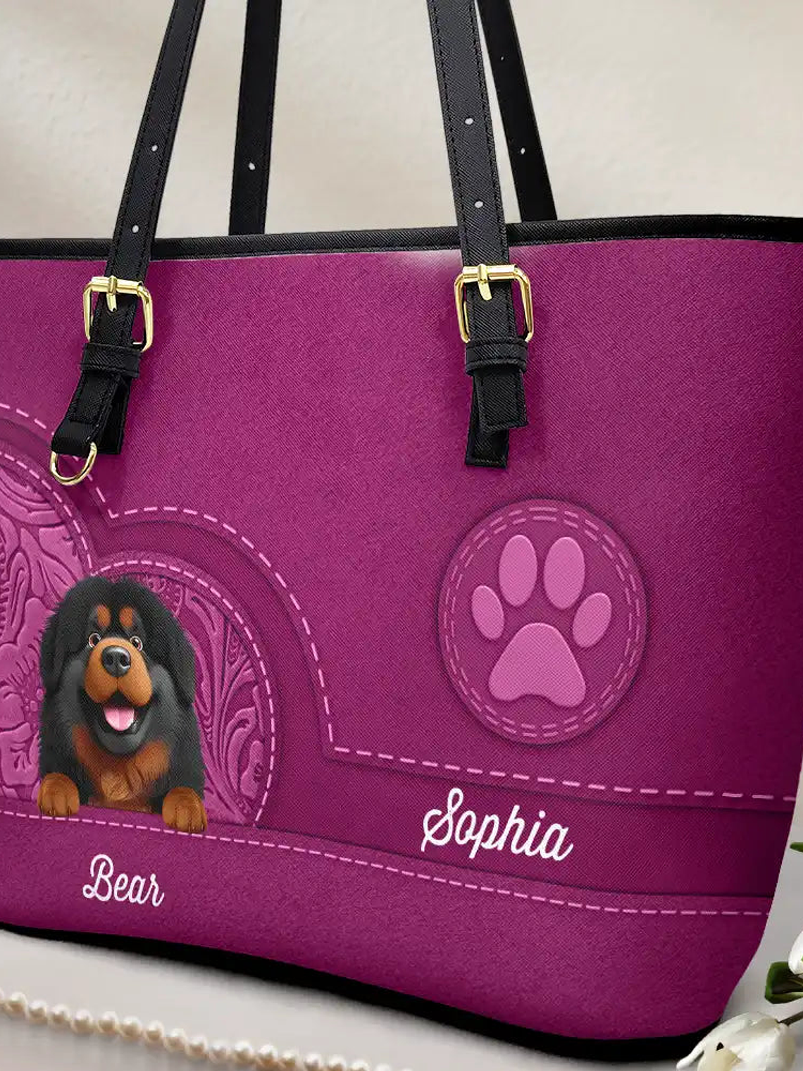 Dog Mom Cute 3D Effect Dog - Personalized Leather Tote Bag 2