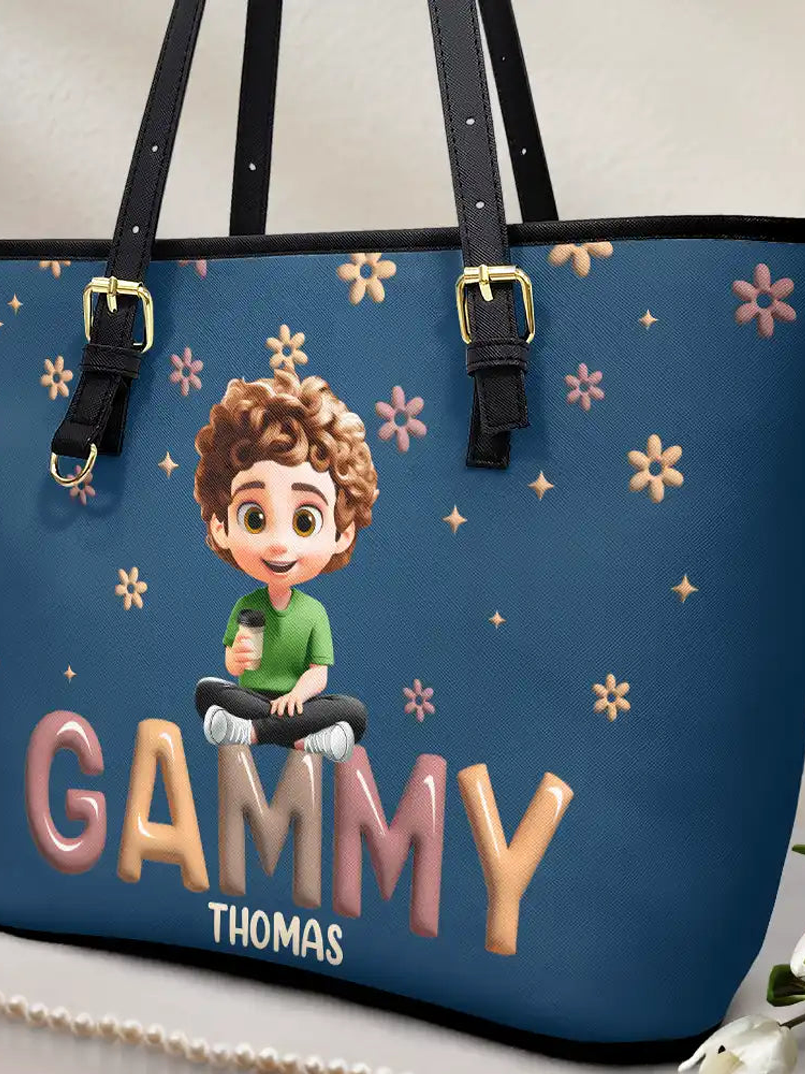 Grandma Grandkid Cartoon - Personalized Leather Tote Bag 2