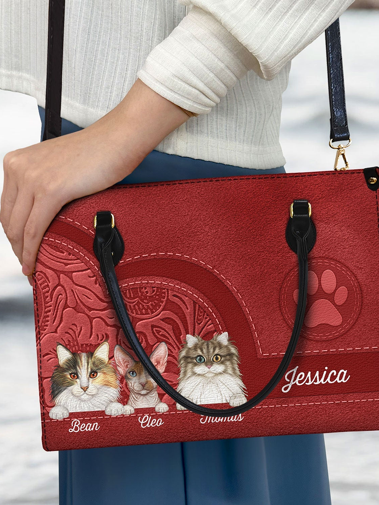 Cute Cats Aesthetic Pattern - Birthday, Loving Gift For Cat Mom, Cat Lovers - Personalized Leather Bag 3