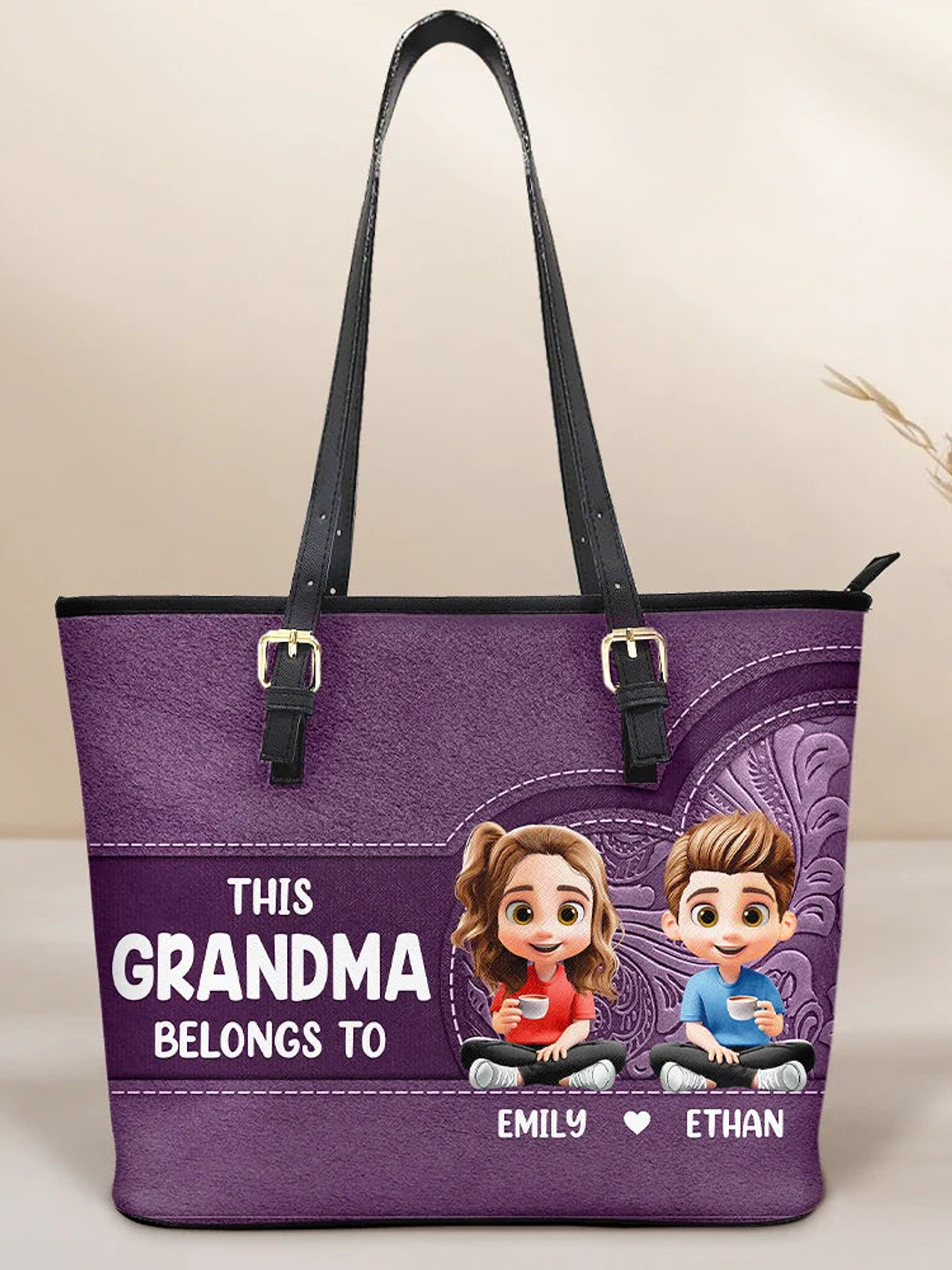 Cartoon Kid This Grandma Belongs To - Personalized Leather Tote Bag 1