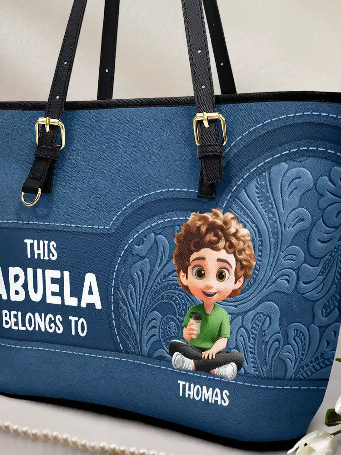Cartoon Kid This Grandma Belongs To - Personalized Leather Tote Bag 2