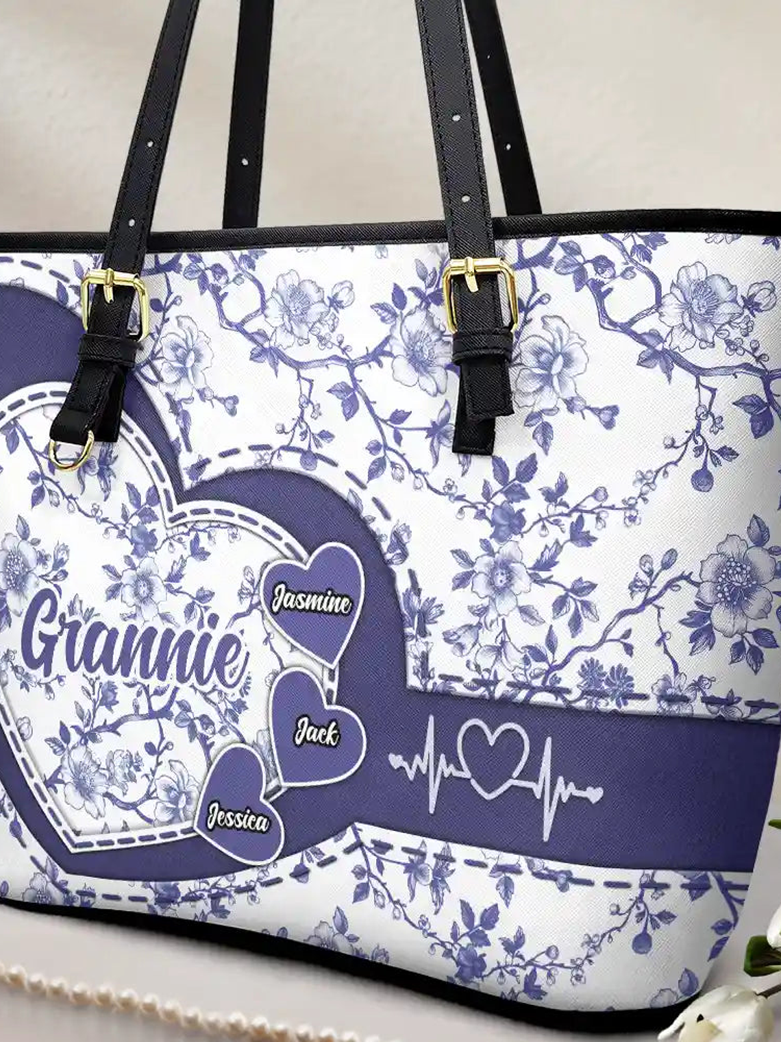 Chinoiserie Toile Grandma Mom - Personalized Leather Tote Bag 2