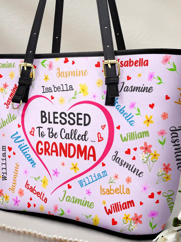 This Grandma Belongs To Blessed To Be Called Grandma - Personalized Leather Tote Bag 2