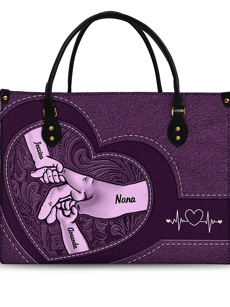 Hands In Hands Mom Nana And Children - Personalized Leather Bag 1