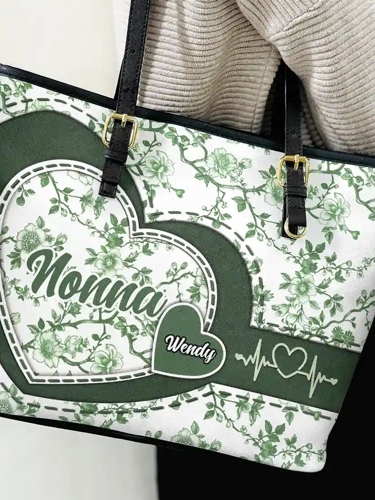 Chinoiserie Toile Grandma Mom - Personalized Leather Tote Bag 3