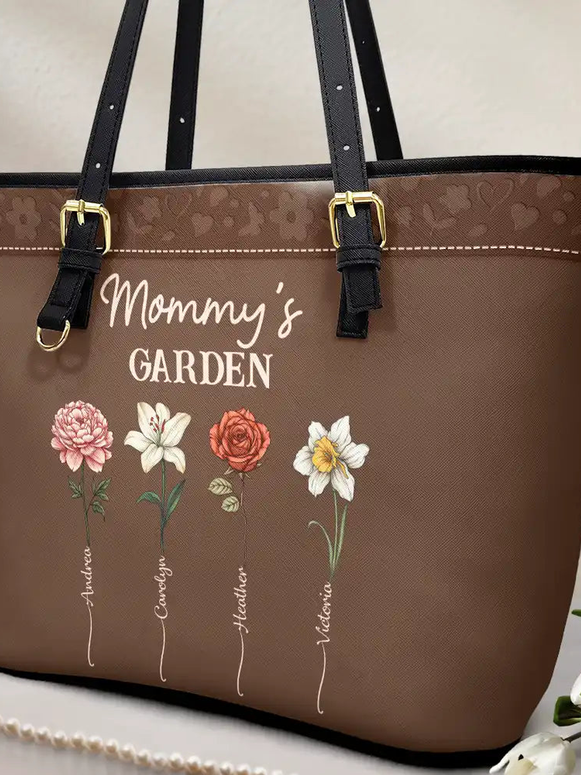 Grandma's Garden Birth Flower - Personalized Leather Tote Bag 2