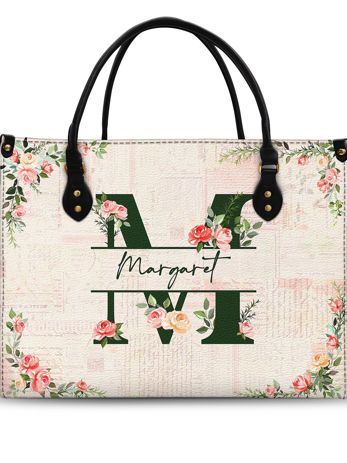 Floral Monogram Name - Gift For Her - Personalized Leather Bag 1