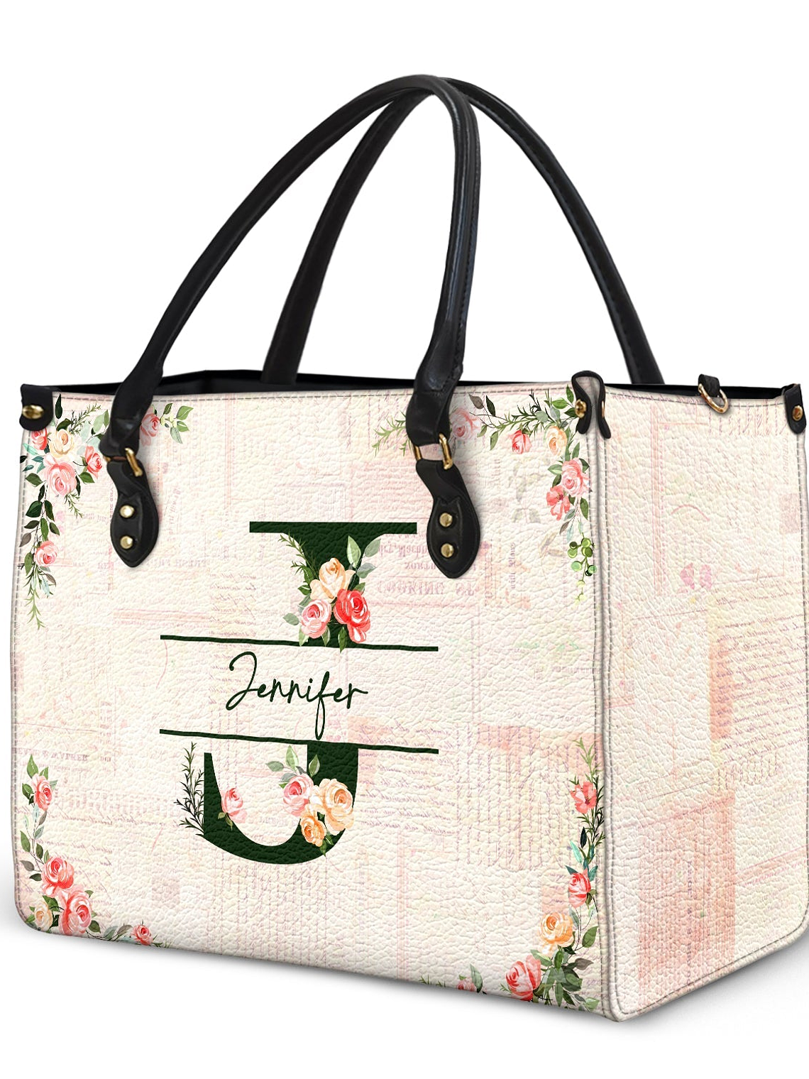 Floral Monogram Name - Gift For Her - Personalized Leather Bag 2