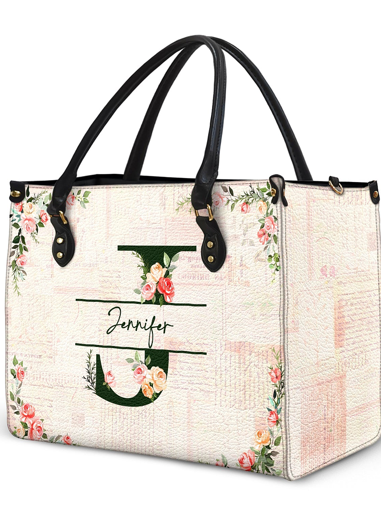 Floral Monogram Name - Gift For Her - Personalized Leather Bag 2