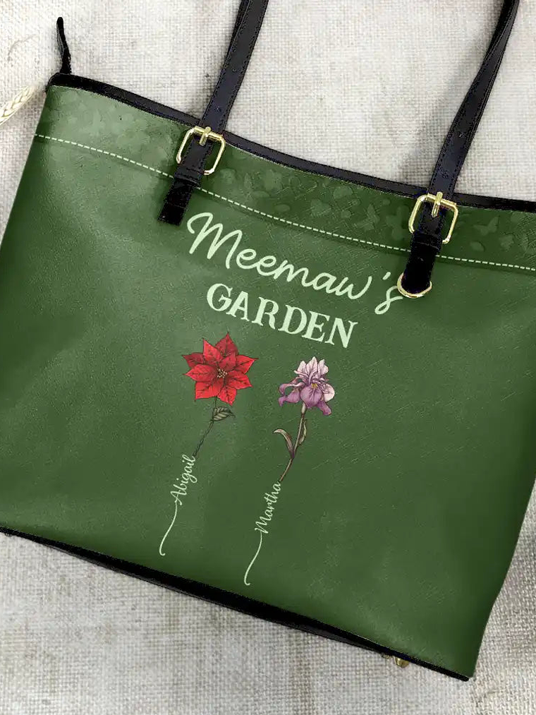 Grandma's Garden Birth Flower - Personalized Leather Tote Bag 4