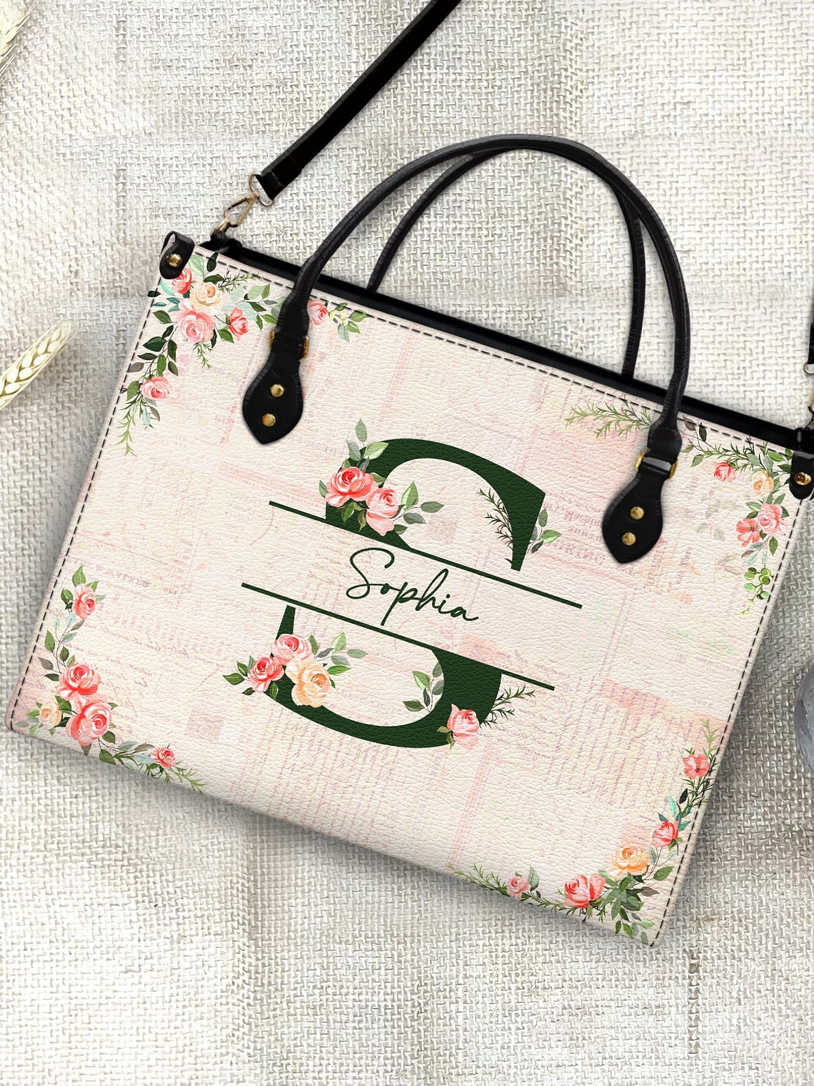 Floral Monogram Name - Gift For Her - Personalized Leather Bag 4